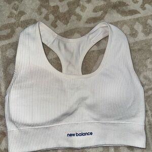 New Balance White Ribbed Racerback Sports Bra with Blue Logo